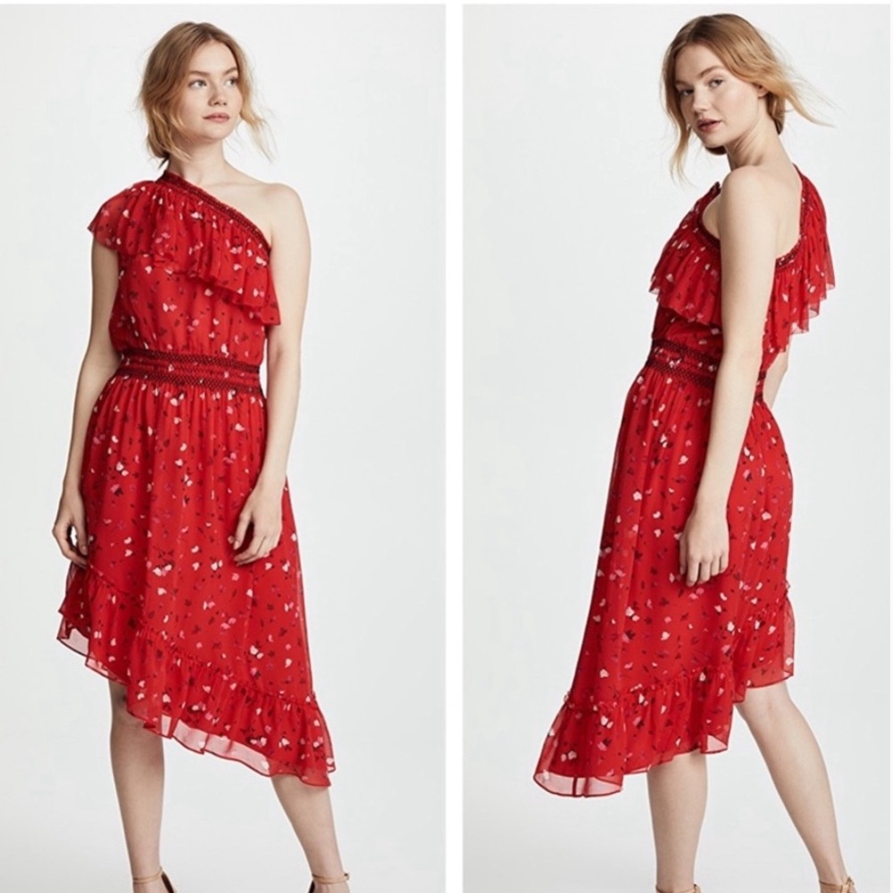 Joie Hafsa One-Shoulder Red Floral Silk Chiffon Asymmetrical Dress Size L